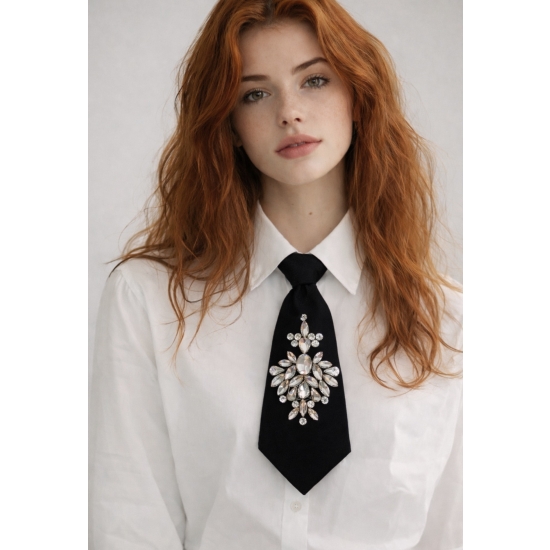 Krawat z kryształową aplikacją – biżuteryjny akcent, który nadaje stylizacji charakter.