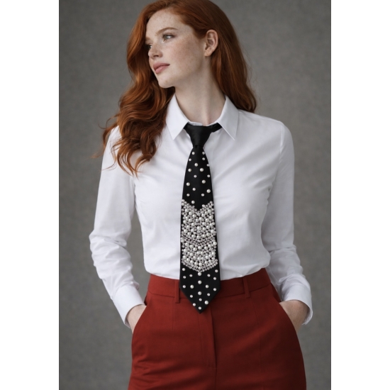 Krawat z perłową aplikacją – klasyka w biżuteryjnym wydaniu.