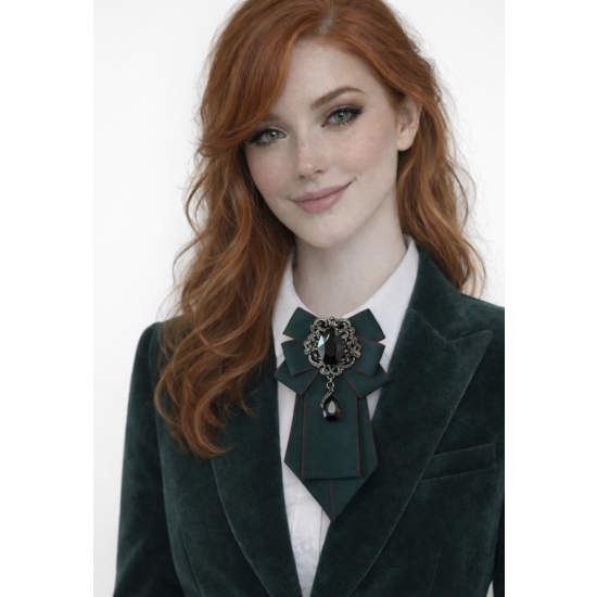 Broszka-krawatka z biżuteryjną aplikacją – szlachetna elegancja w głębokiej, butelkowej zieleni.