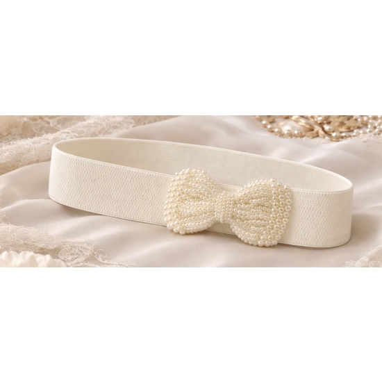 Elastyczny pasek z perłową kokardą – romantyczny detal w kolorze bieli i ecru