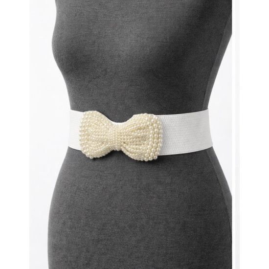Elastyczny pasek z perłową kokardą – romantyczny detal w kolorze bieli i ecru