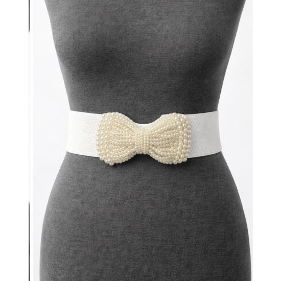 Elastyczny pasek z perłową kokardą – romantyczny detal w kolorze bieli i ecru