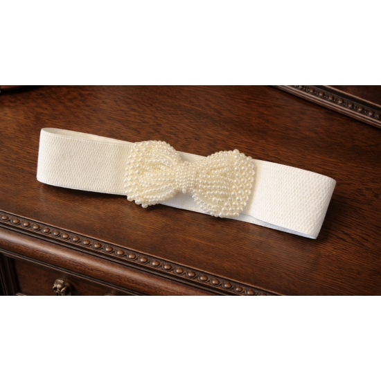 Elastyczny pasek z perłową kokardą – romantyczny detal w kolorze bieli i ecru