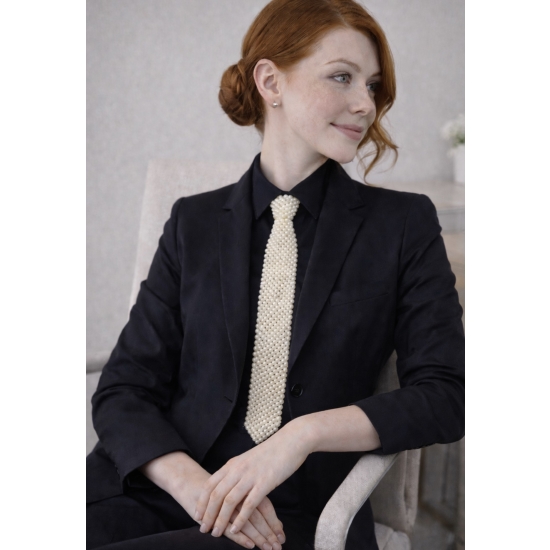 Elegancki krawat z perełek w jasnym, perłowym odcieniu – luksusowy dodatek, który łączy klasykę z nowoczesną elegancją.
