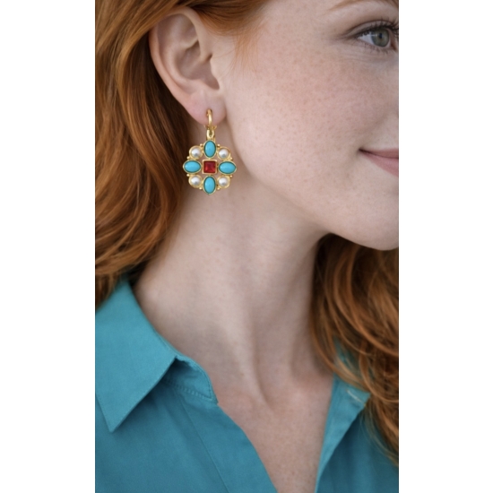 Kolczyki w stylu vintage z turkusem i perłami.