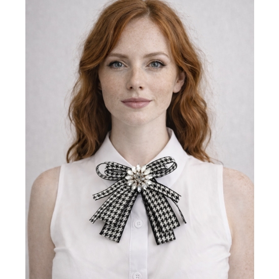 Stylowa broszka w formie kokardy w klasyczny wzór pepitki, ozdobiona efektownym kryształowym środkiem – elegancki detal, który przyciąga spojrzenia.