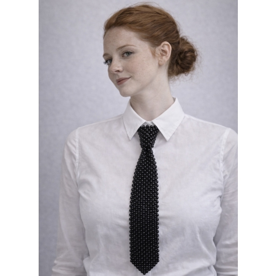 Elegancki krawat z perełek w klasycznym czarnym kolorze – stylowy dodatek o biżuteryjnym charakterze.