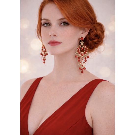 Eleganckie, długie kolczyki w złotym kolorze z czerwonymi kamieniami – biżuteria w stylu glamour, która przyciąga spojrzenia.