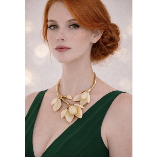 Elegancki naszyjnik w złotym kolorze z dekoracyjnymi kwiatami – subtelna, kobieca biżuteria inspirowana naturą.