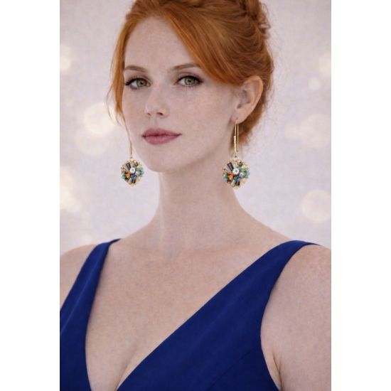 Artystyczne kolczyki w złotym kolorze, zdobione kolorowymi kamieniami i kwiatowymi detalami – biżuteria o wyjątkowym, rękodzielniczym charakterze.
