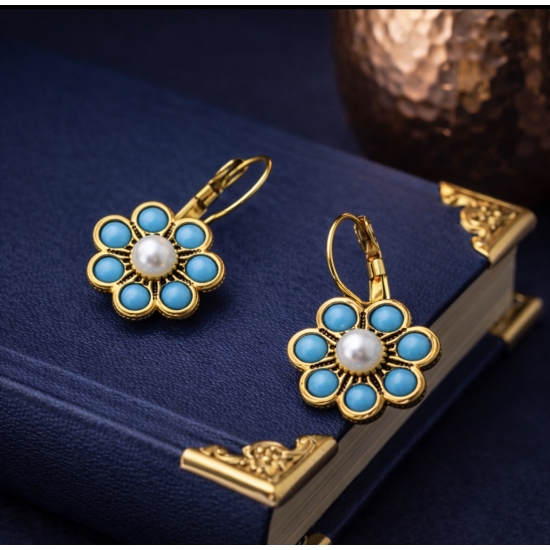 Miedziane kolczyki w kształcie kwiatu z turkusem syntetycznym – styl vintage