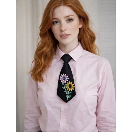 Czarny krawat z kwiatową aplikacją – biżuteryjny akcent stylizacji.