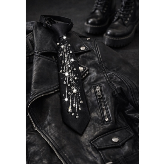 Czarny krawat z kryształowymi zdobieniami – luksusowy akcent stylizacji