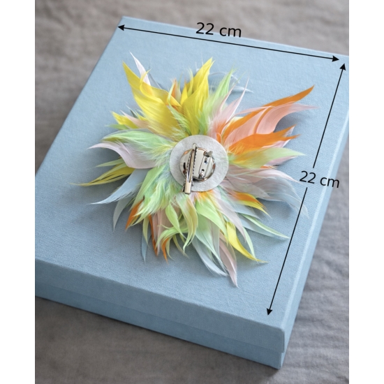 Broszka i spinka 2w1 z piór – pastelowy, lekki akcent stylizacji.