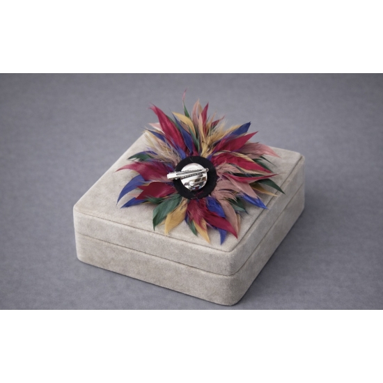 Kolorowa broszka i spinka z piór – efektowny, artystyczny dodatek.
